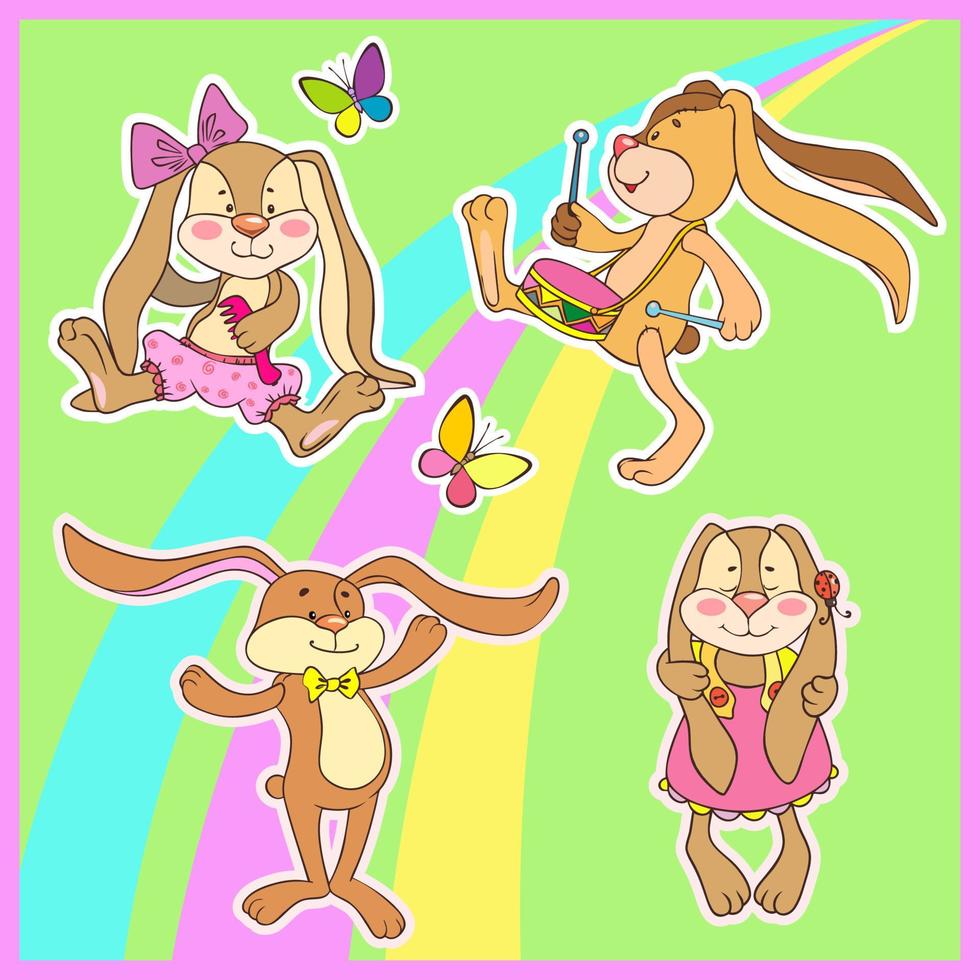 Set of cute toy rabbits with bows and butterflies. vector