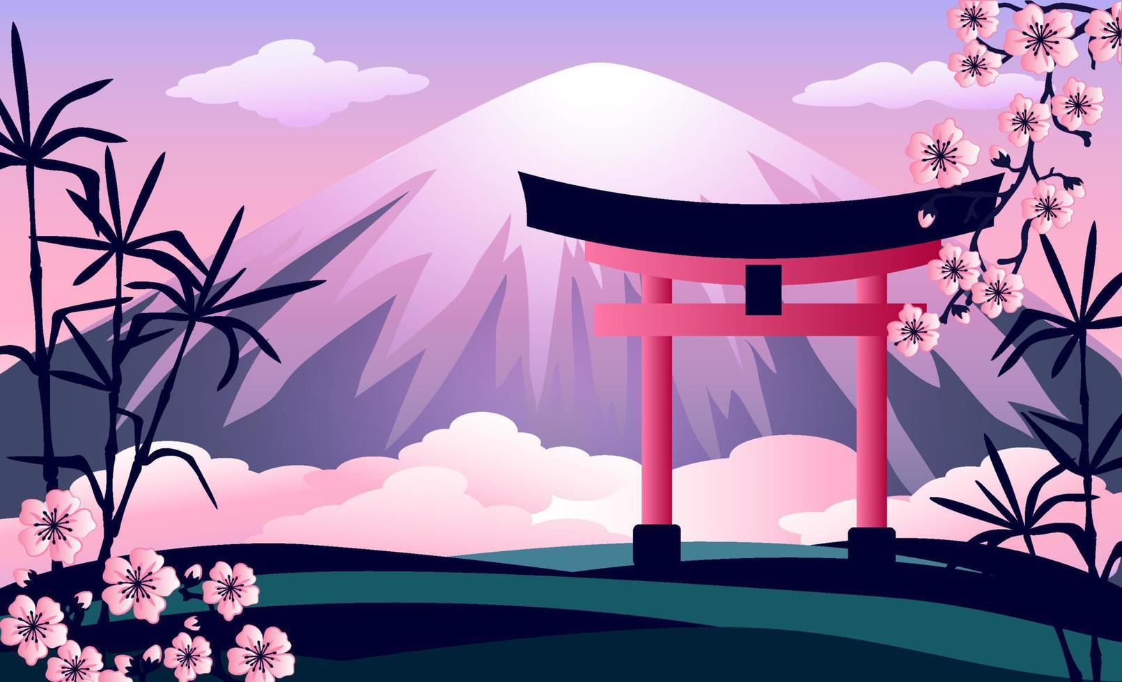 Asian landscape with mountain, bamboo, cherry blossom branches and ceremonial gate. vector