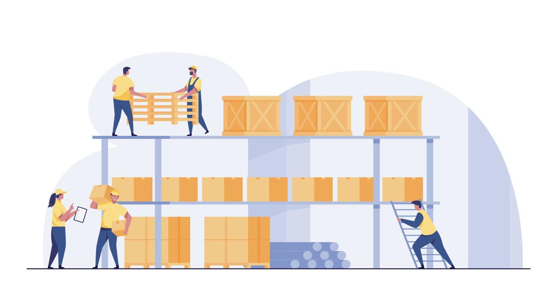 Warehouse Interior Box On Rack And People Working. vector illustration