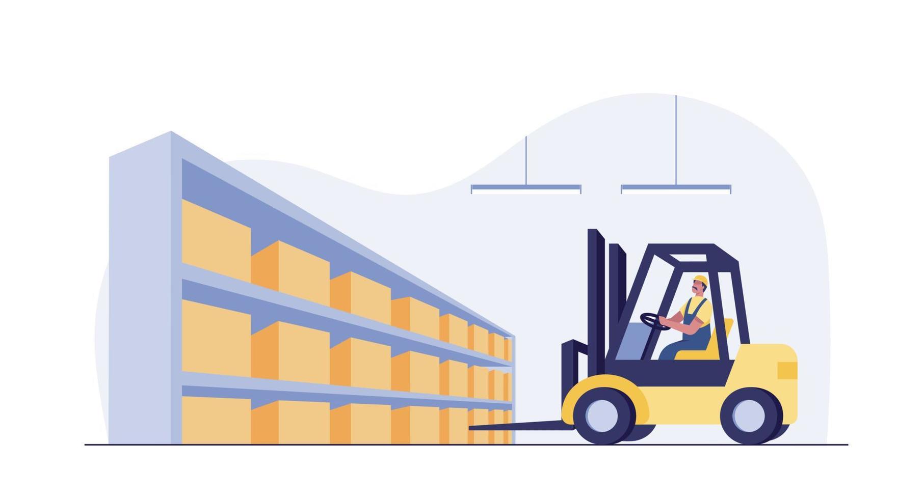 Warehouse worker in uniform drive a forklift with boxes. vector