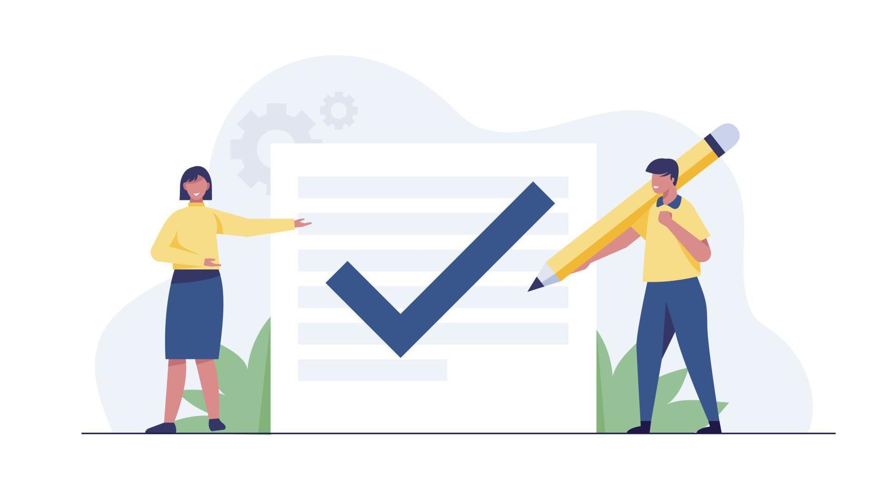 business man and woman stands near big schedule with huge check mark on it and holds big pen on he shoulder. vector