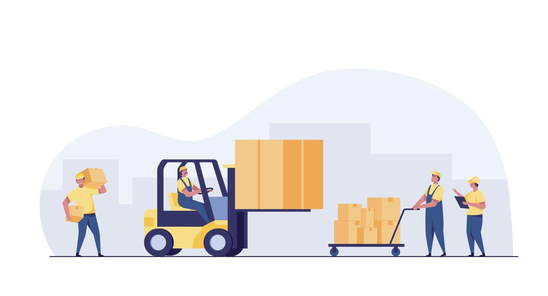 Warehouse Workers Loading, Stacking Goods with Electric Hand Lifters and Forklift Truck. vector