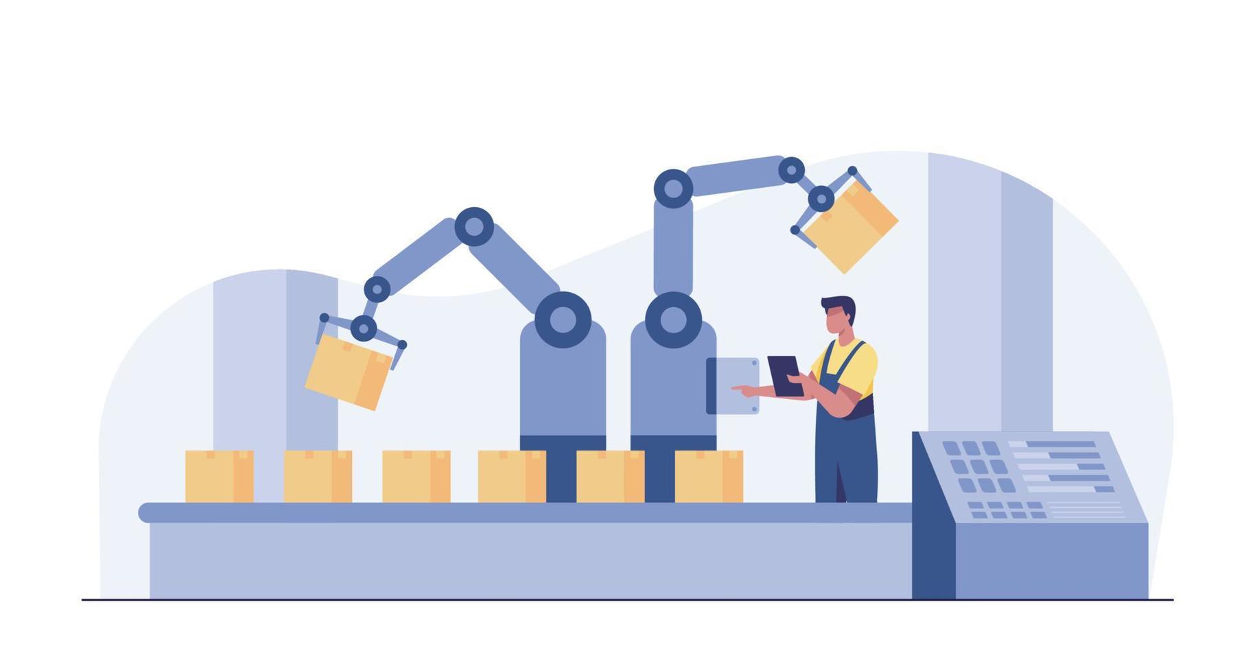 Industry 4.0 factory works robotic arm. Smart industrial revolution vector