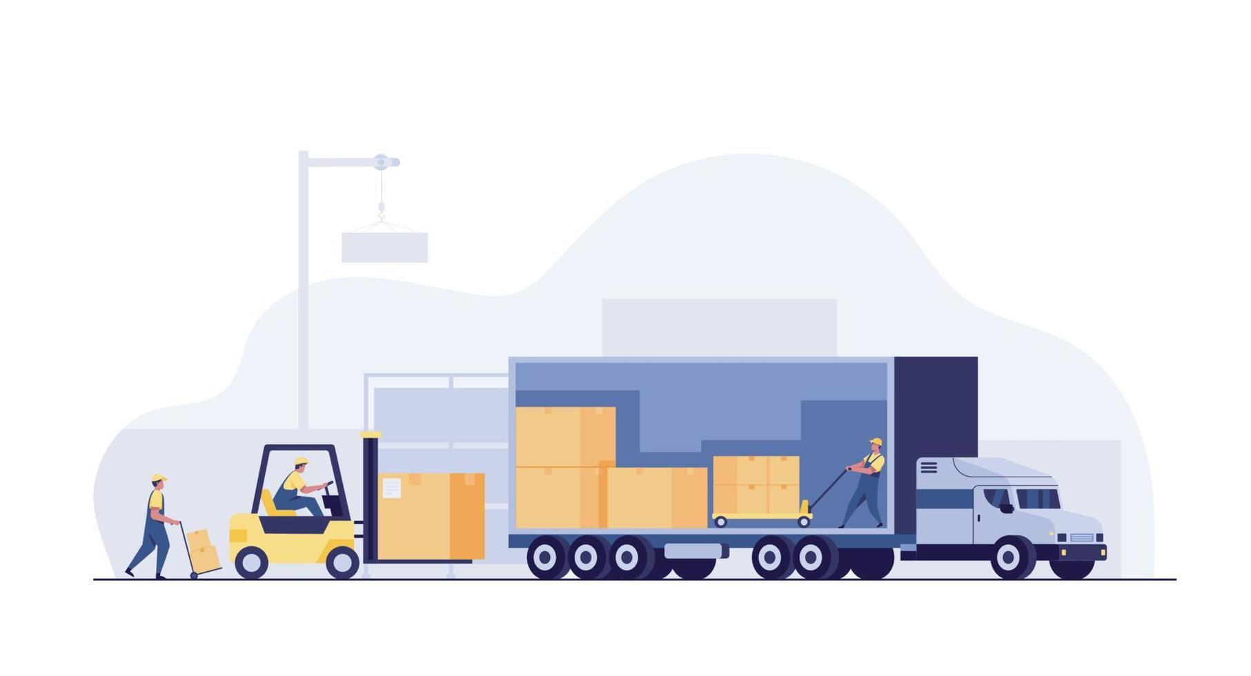 Workers loading goods onto trucks in a warehouse. vector