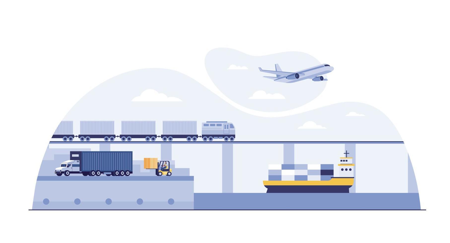 Global logistics concept airplane truck train ship vector