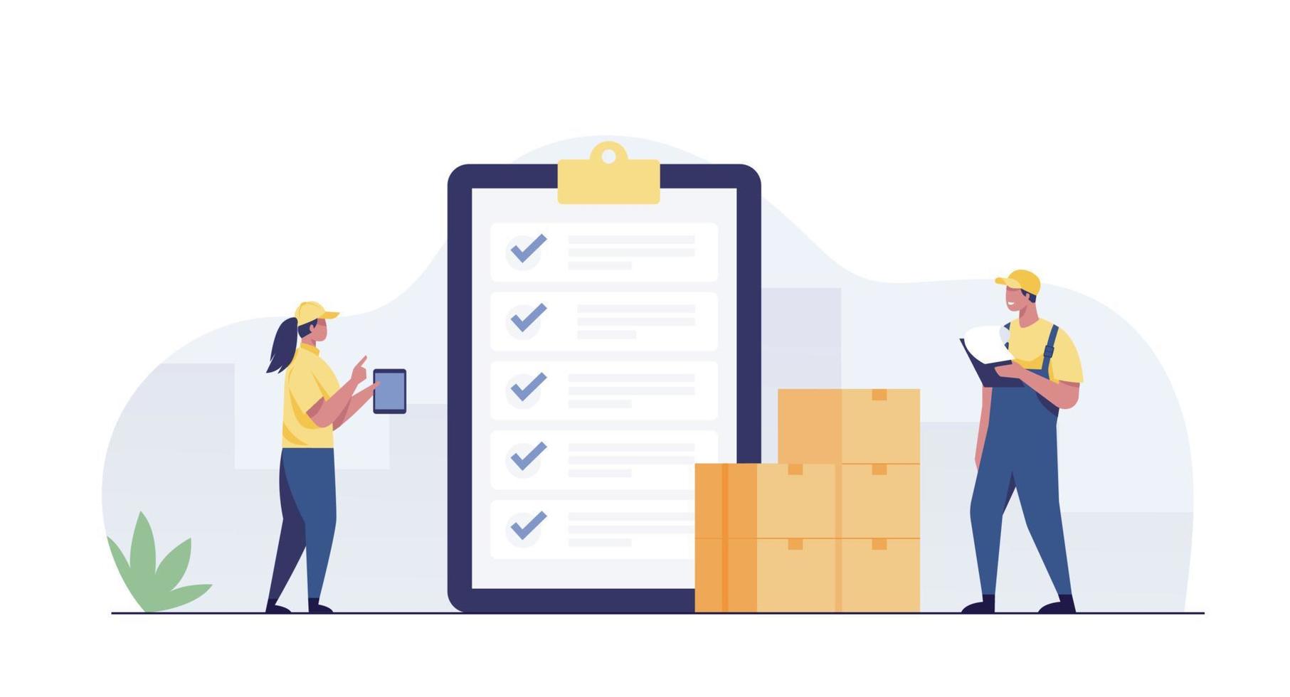 Inventory management with goods demand and stock supply tiny person concept vector