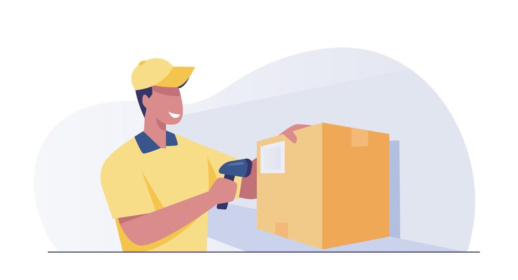 A warehouse worker scans Box B in a large warehouse. vector