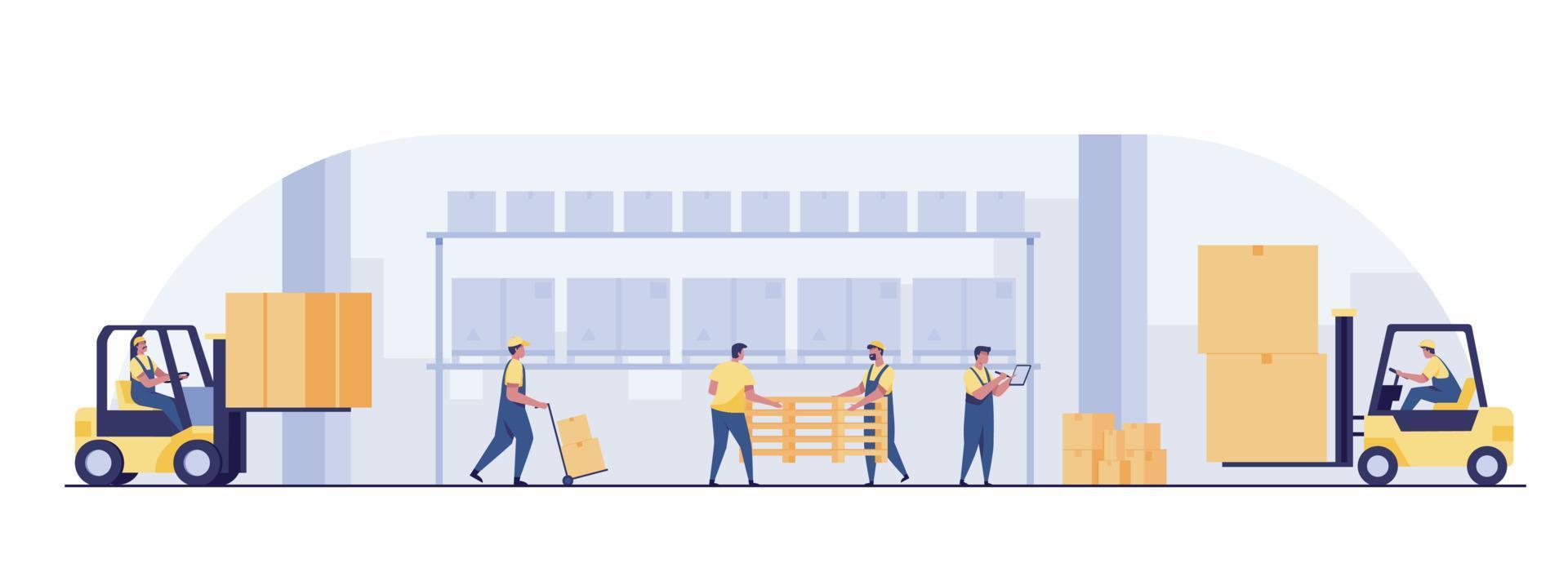 Warehouse Workers Loading, Stacking Goods with Electric Hand Lifters