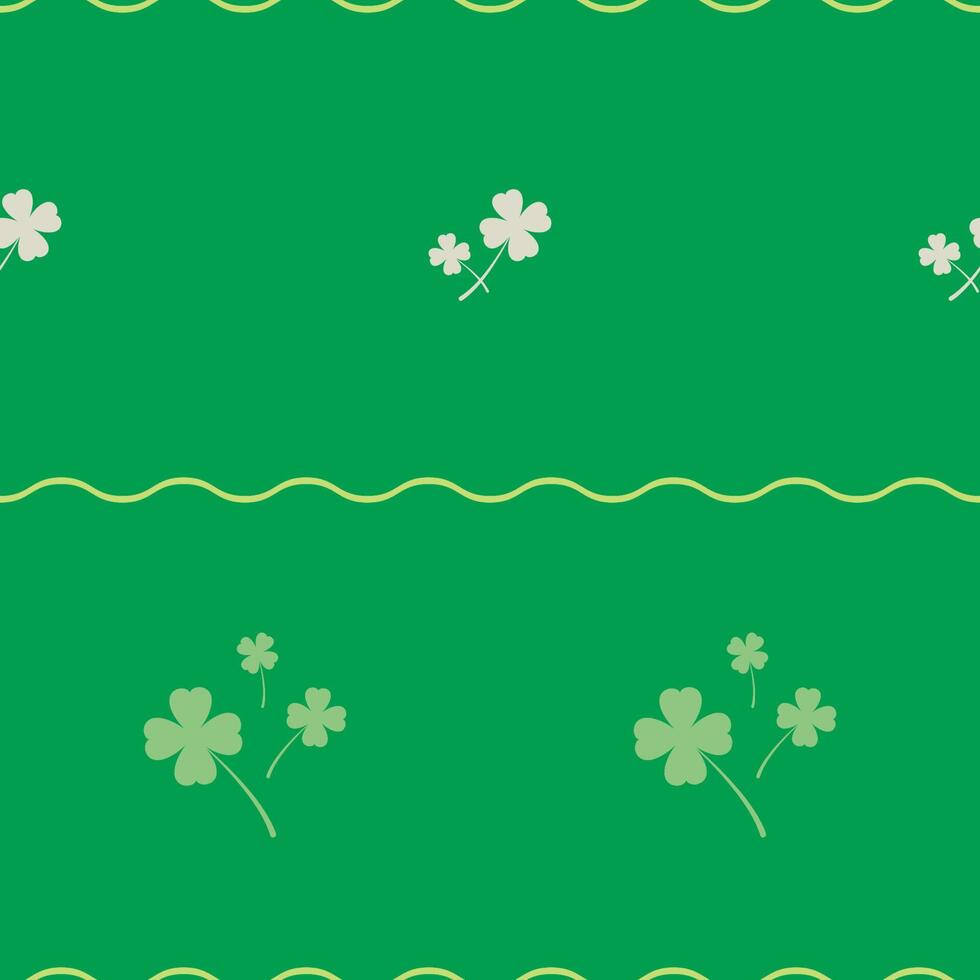 Seamless pattern with white shamrock, clover and wave line on green background.  Saint Patrick's Day pattern. Vector illustration.