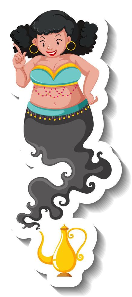 Genie lady coming out of magic lamp cartoon character sticker vector