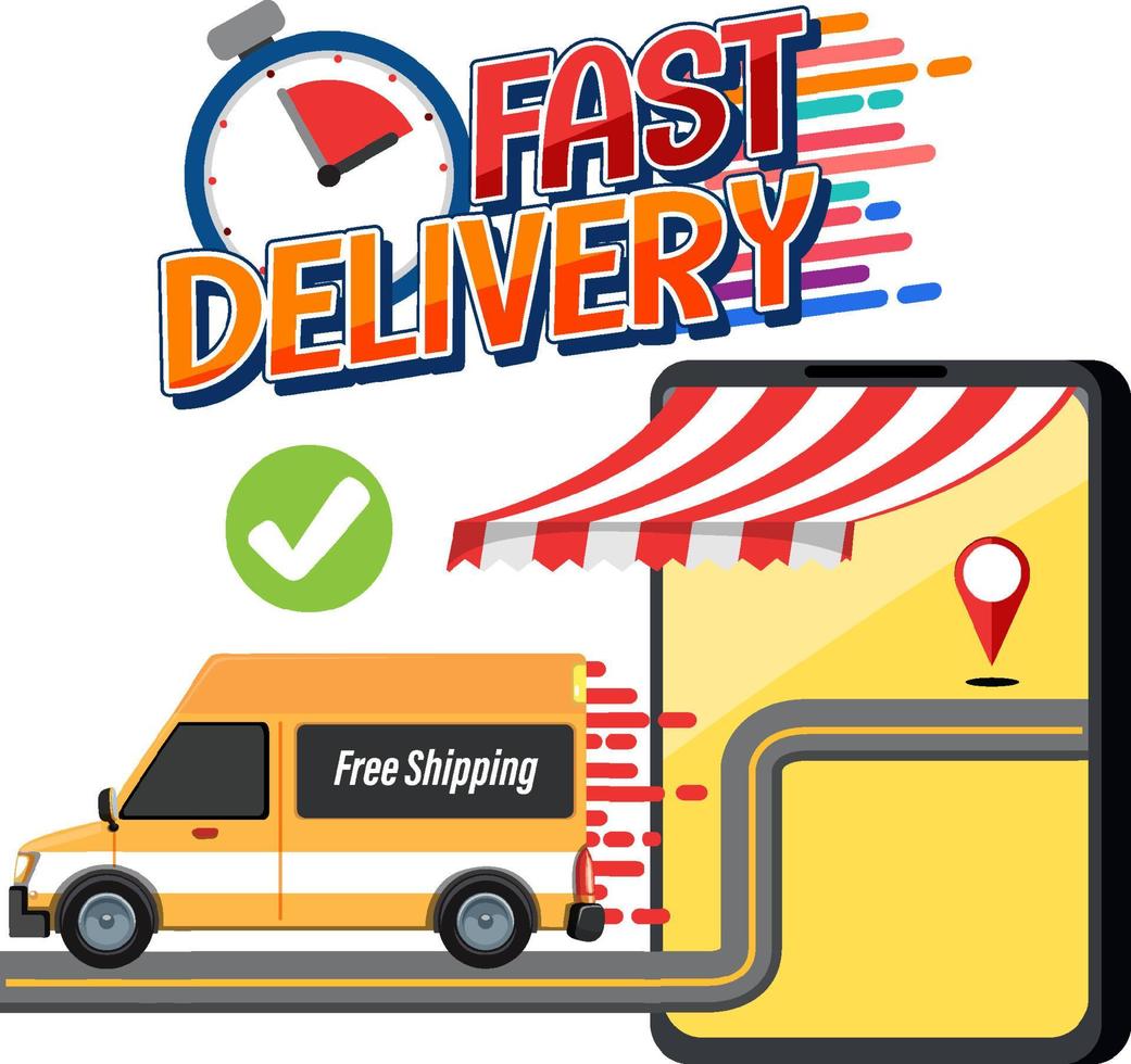 Fast delivery wordmark with panel van and smartphone 5441629 Vector Art ...