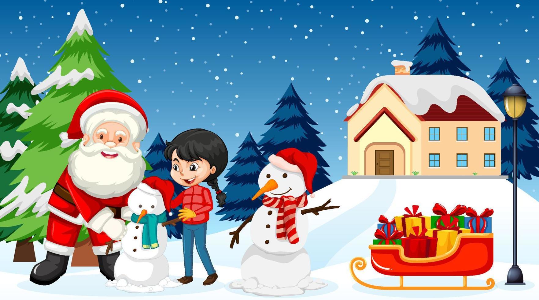 santa claus construyendo un muñeco de nieve con niños vector