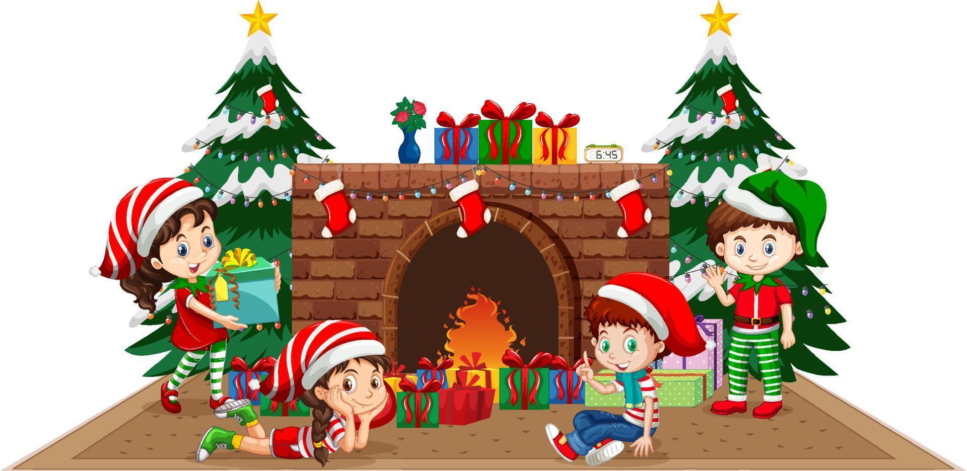 niños celebrando la navidad en casa con chimenea vector