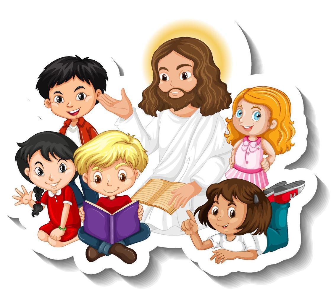 Jesucristo con el grupo de niños pegatina sobre fondo blanco. vector