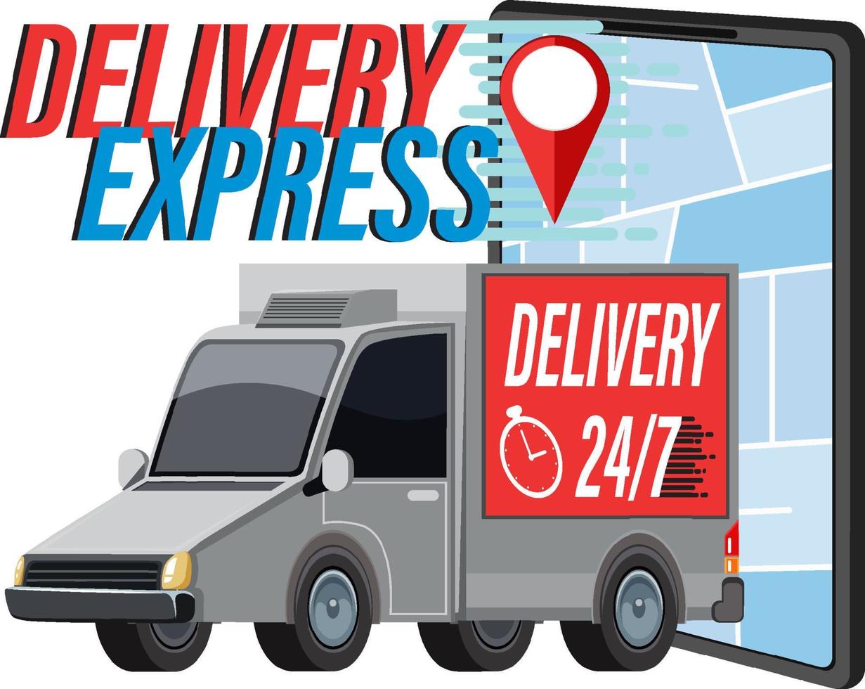 Delivery Express logo with panel van and smartphone display vector