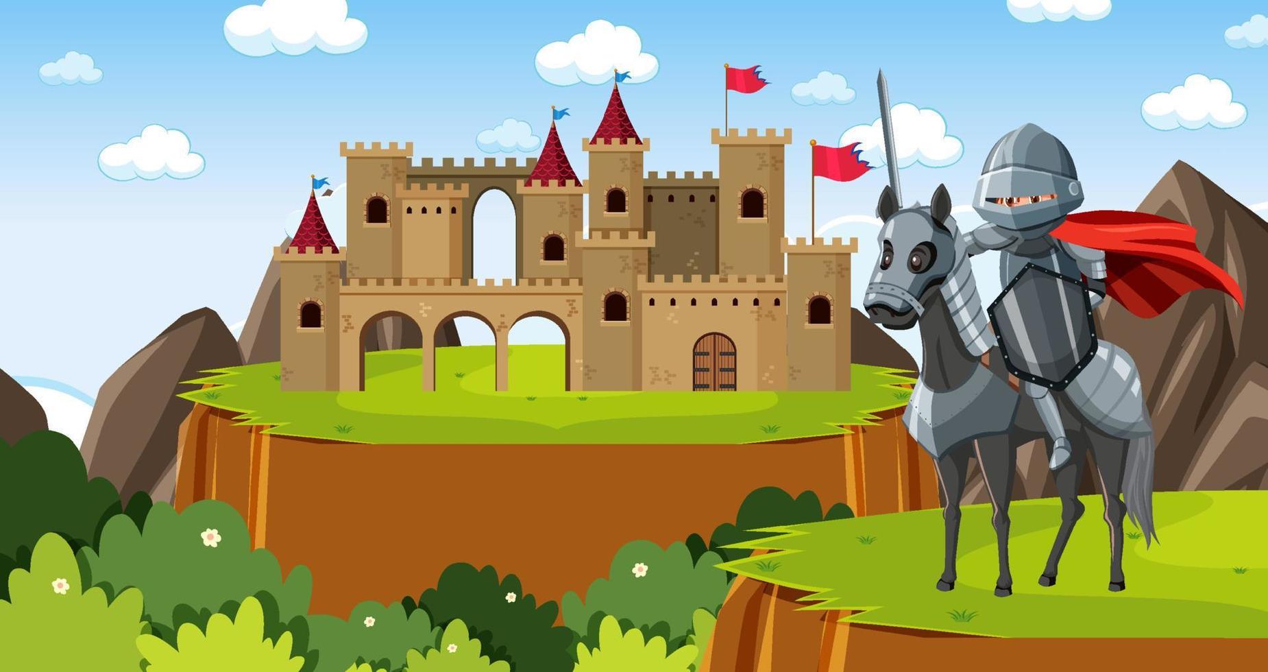 Medieval outdoor scene with armoured knight on horseback vector