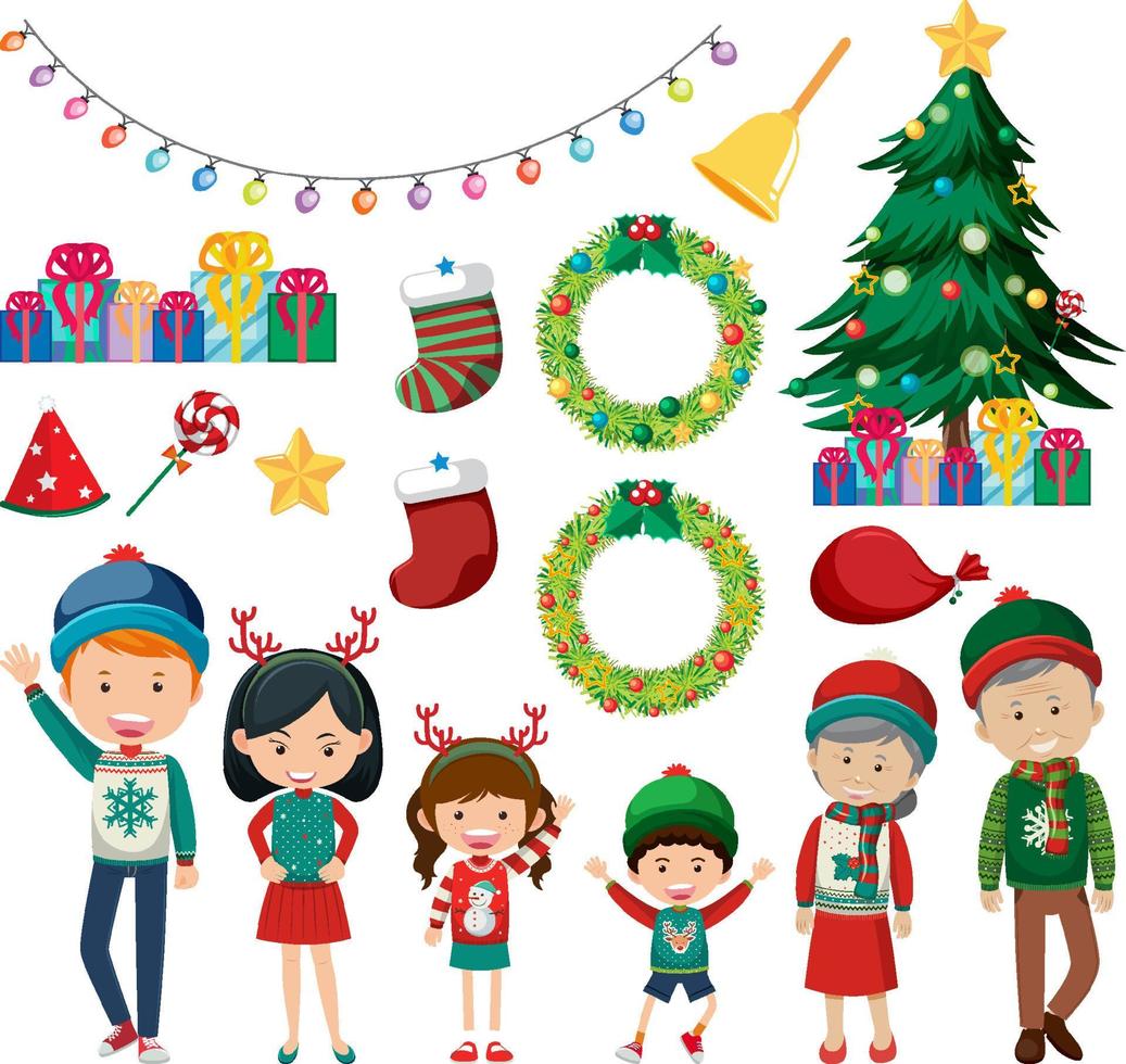 conjunto de miembros de la familia con trajes navideños vector