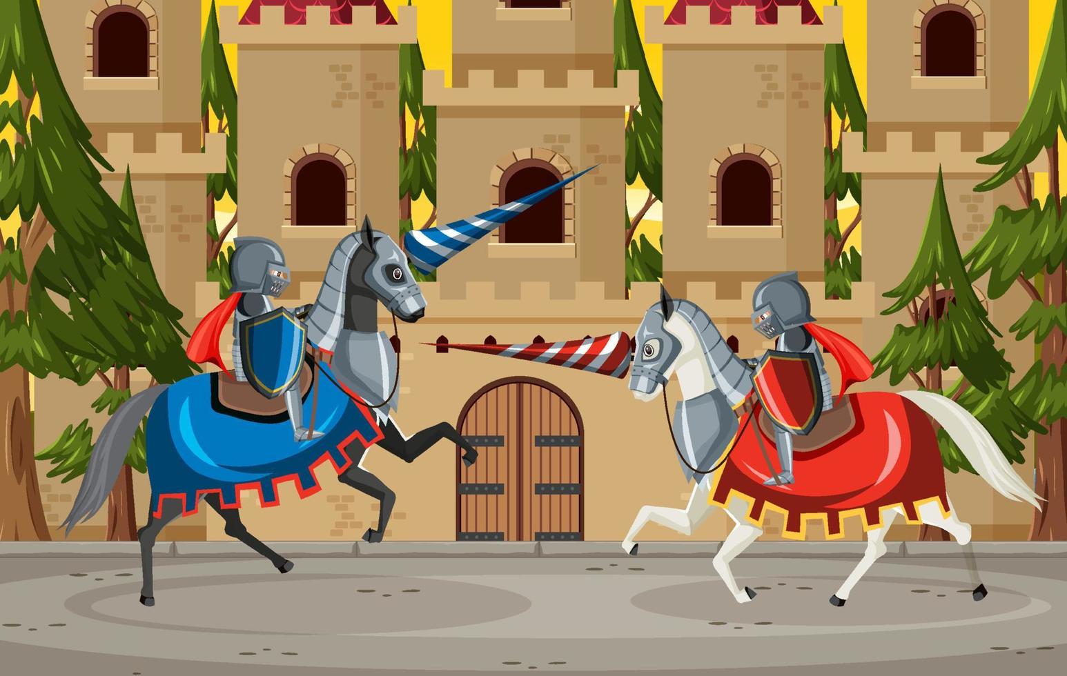 Two medieval knights fighting together vector