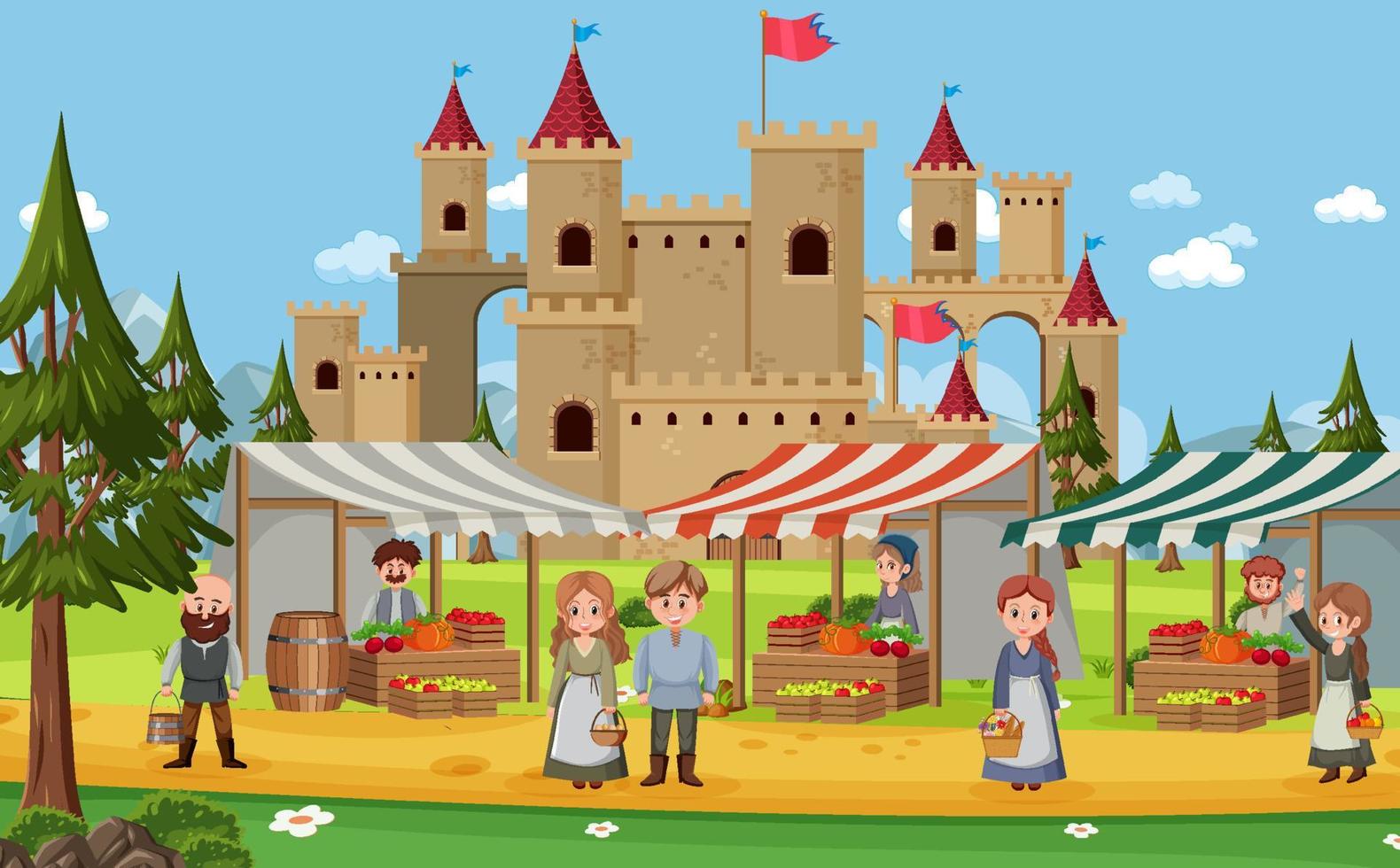 escena del mercado medieval con aldeanos vector