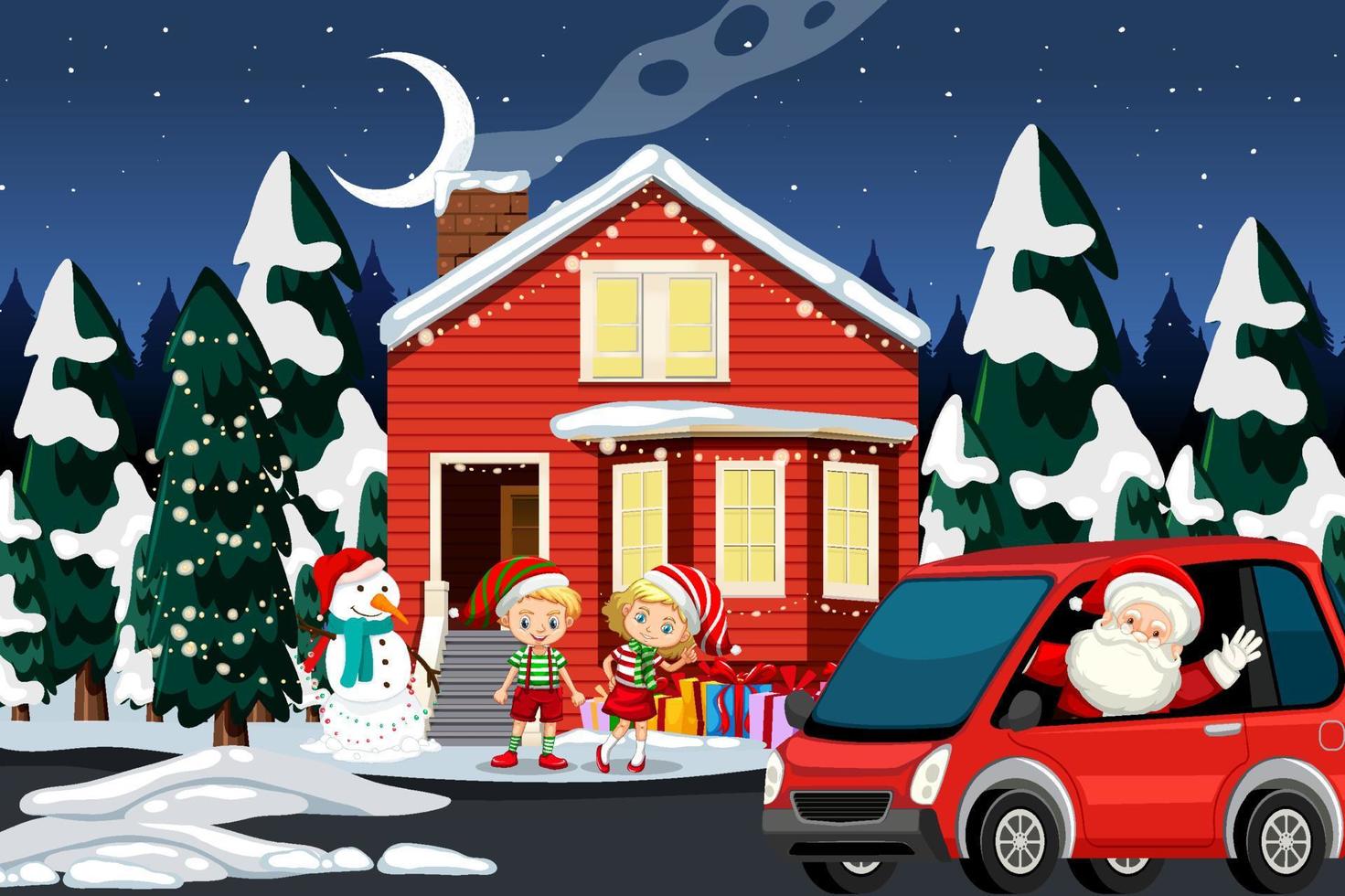 escena de invierno de navidad con niños felices y santa claus vector