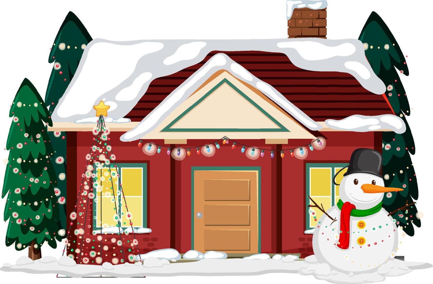 casa cubierta de nieve con cadena de luces navideñas y muñeco de nieve vector