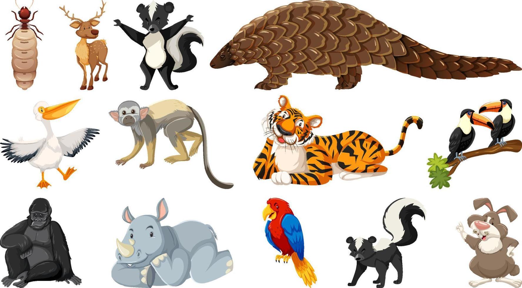 Set of different wild animals cartoon characters vector