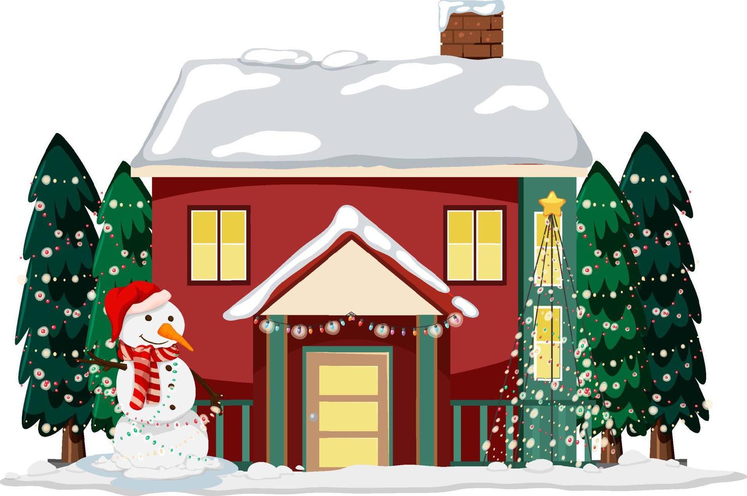 Snow covered house with a snowman and Christmas decorated trees vector