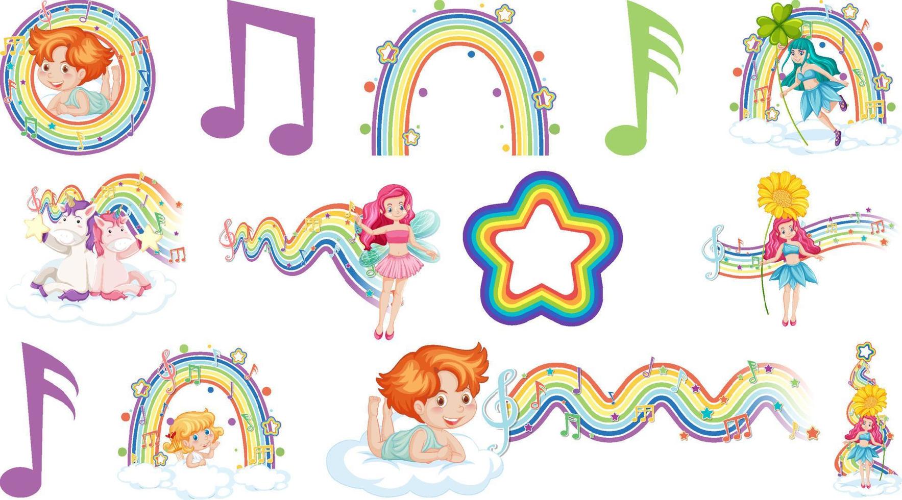 Set of fantasy fairies and cupids with rainbow elements vector