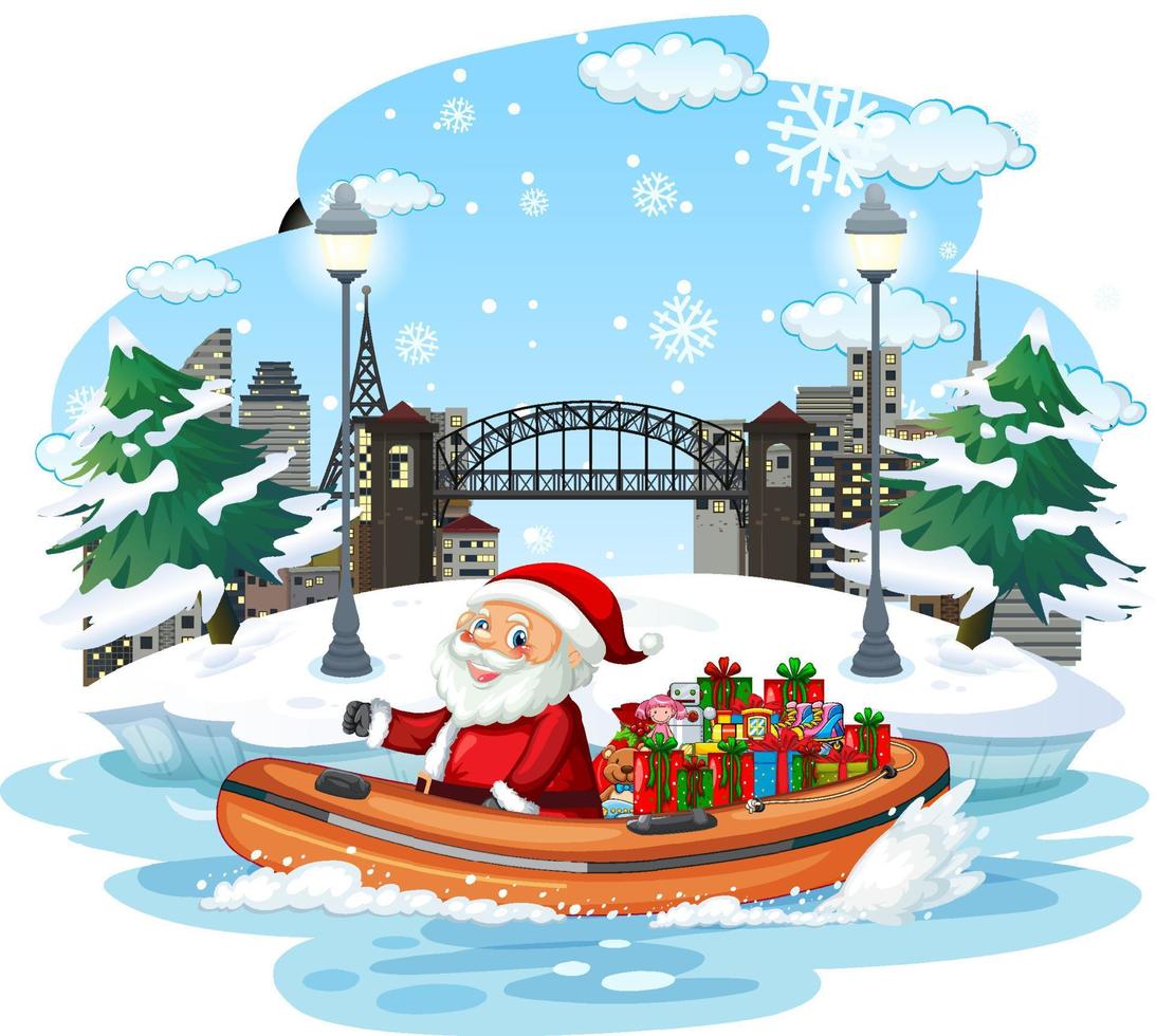 Santa Claus delivering gifts by boat vector