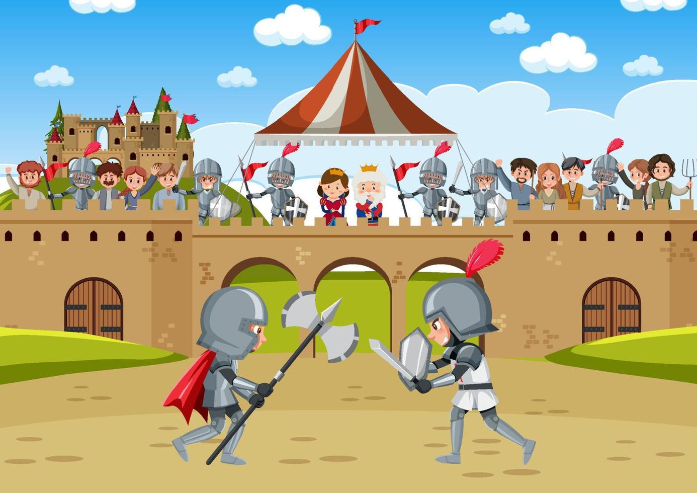 Medieval scene with two knights in armour is fighting vector