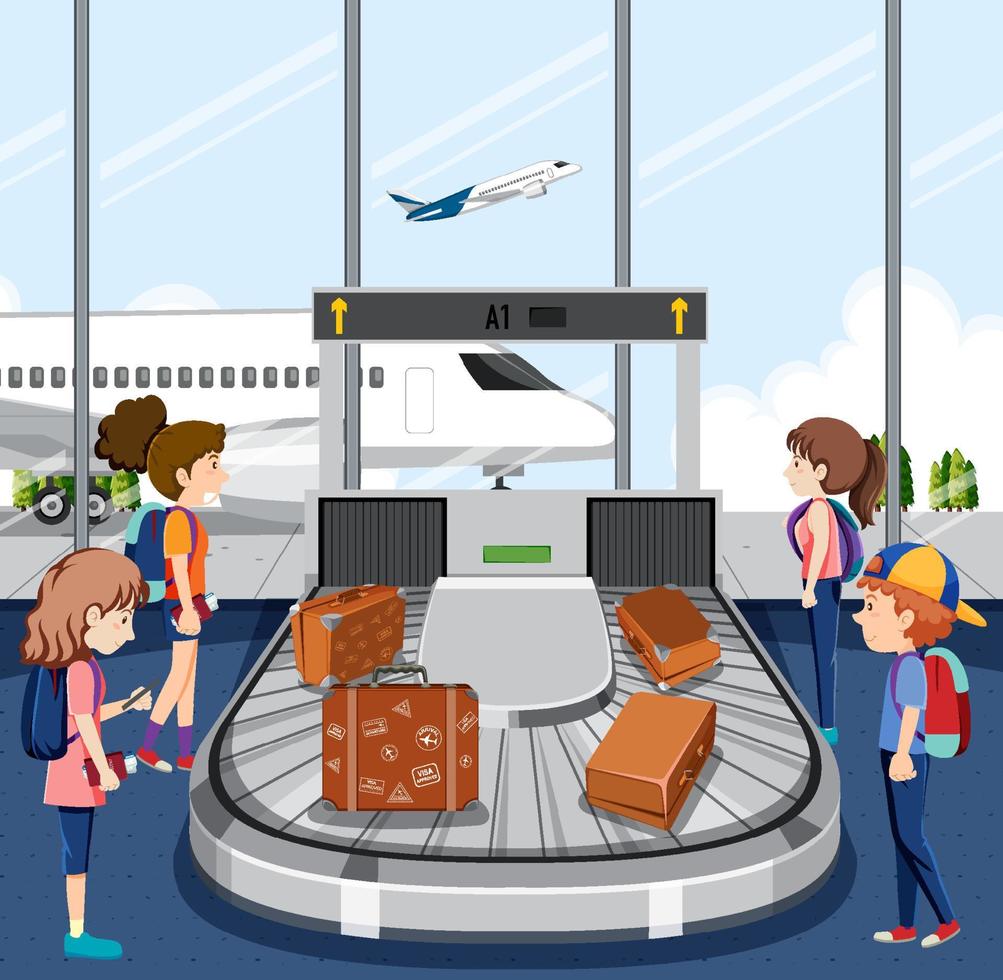 Passengers waiting luggage conveyor belt at airport vector