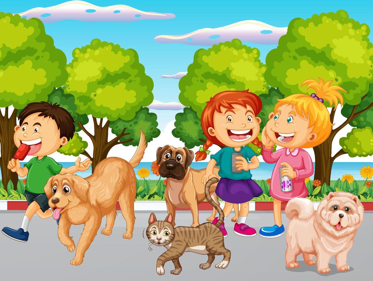 Children playing with their animals at the park vector