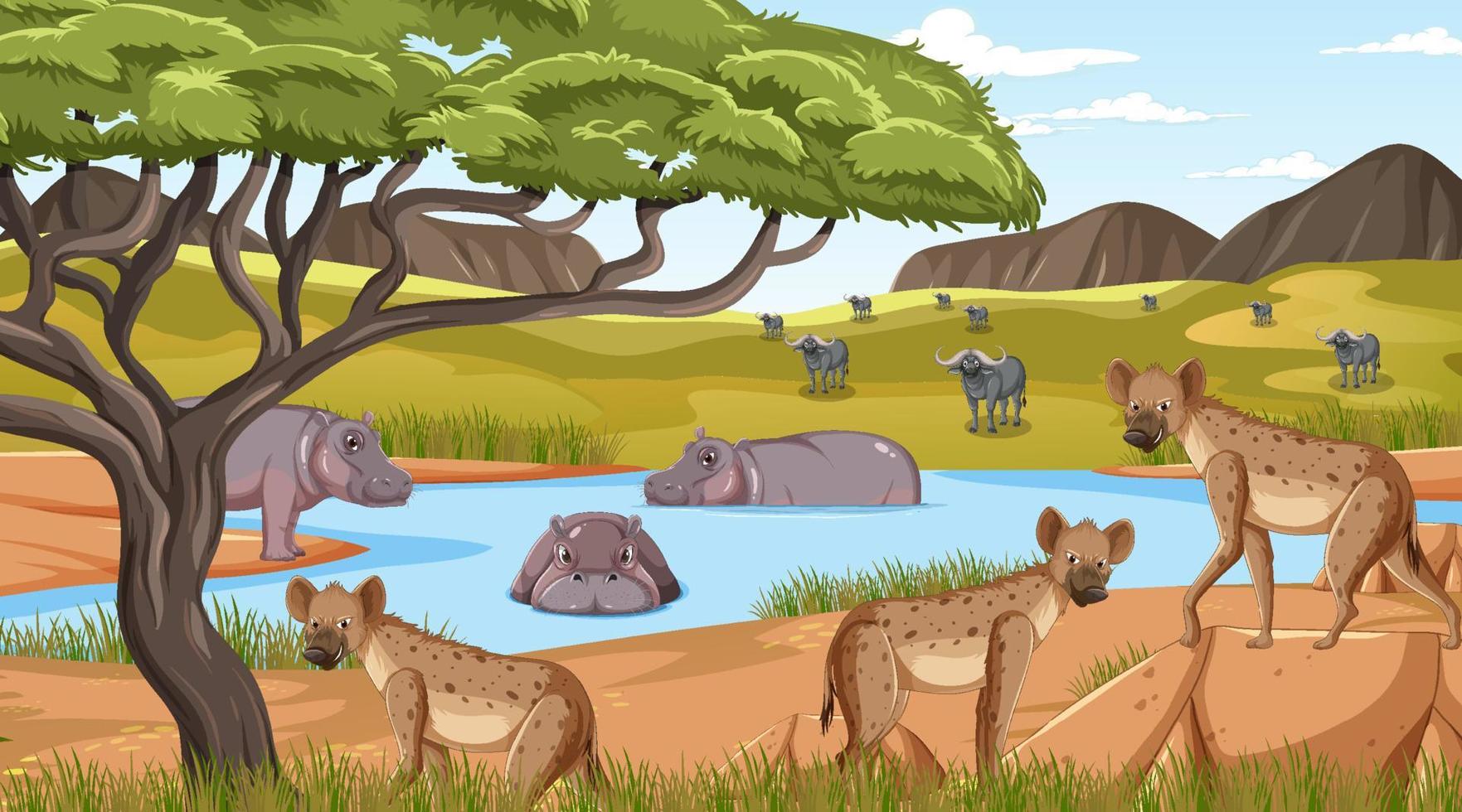 Wild animals in savanna forest landscape vector