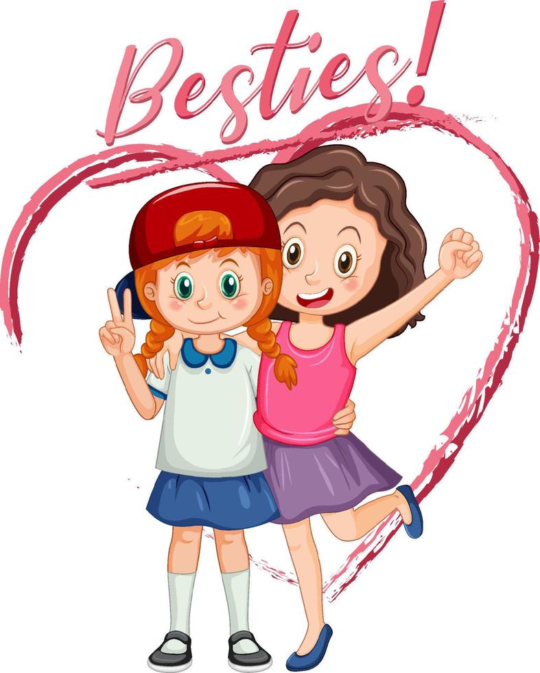 Best friend girls cartoon character with besties lettering vector