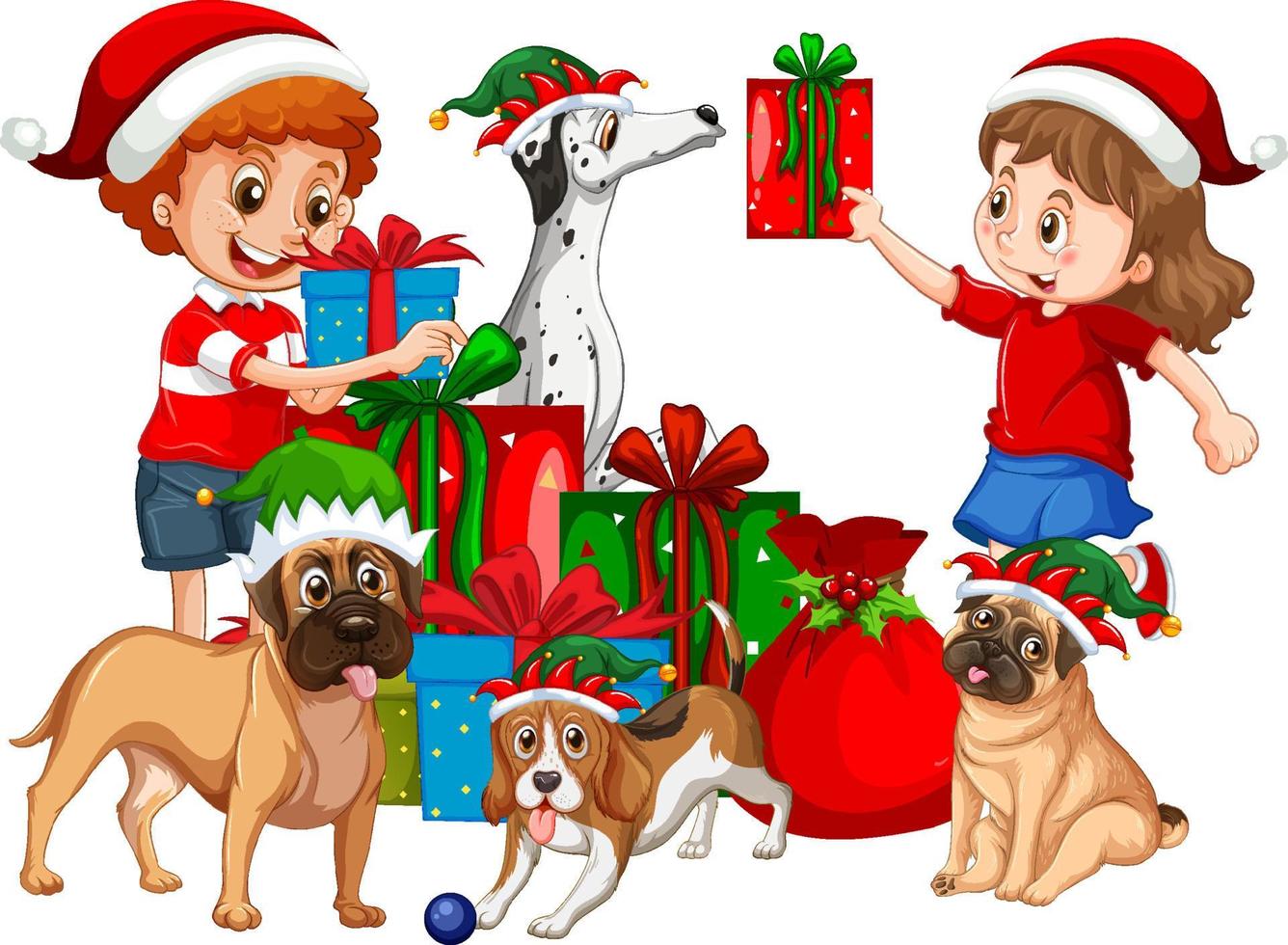 niños y perros en tema navideño. vector