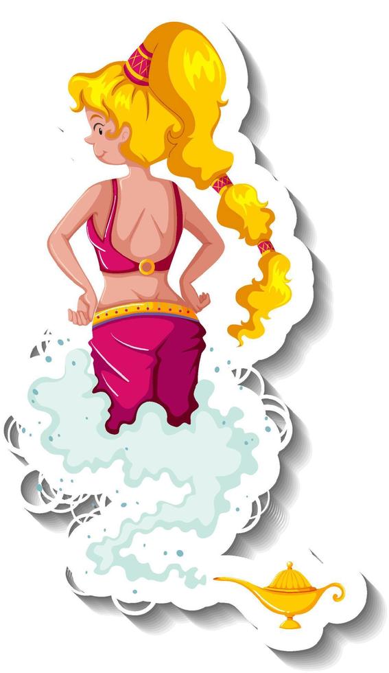 Genie lady coming out of magic lamp cartoon character sticker vector