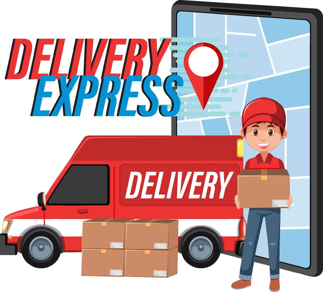 logo de delivery express con panel van y courier vector