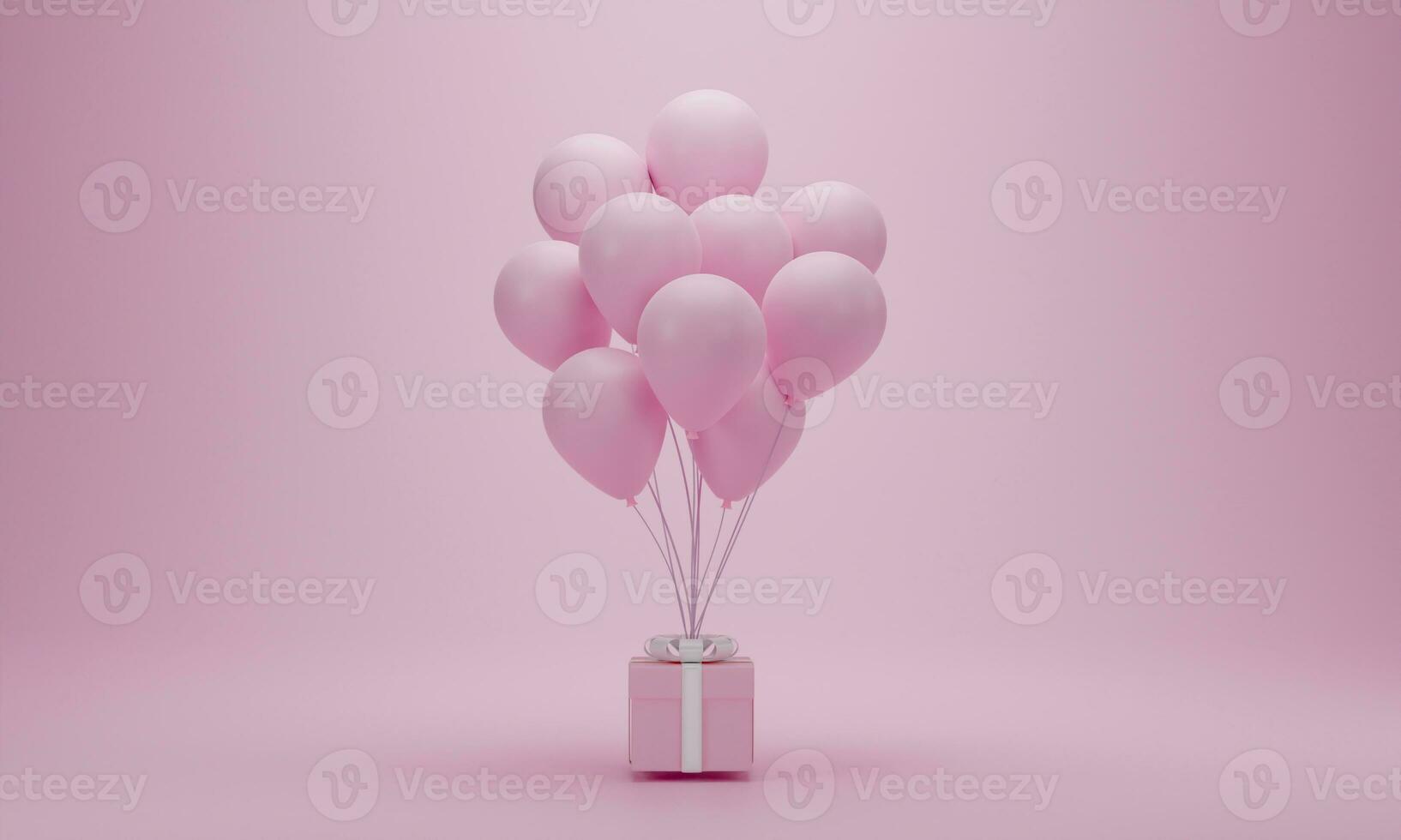 representación 3d caja de regalo rosa con globos sobre fondo pastel con espacio para copiar. concepto mínimo para mujeres felices, madres, día de san valentín, cumpleaños. foto