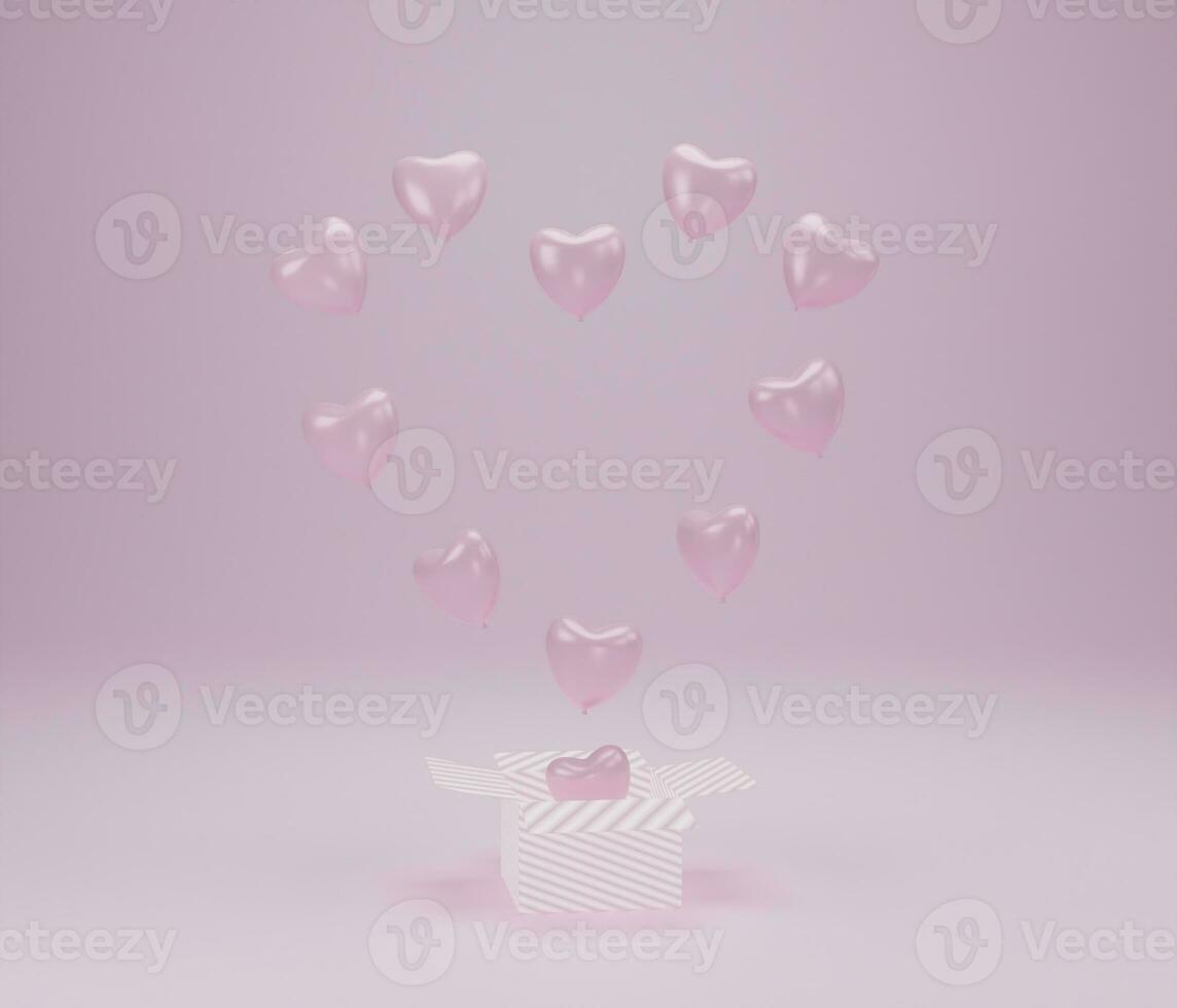 Gift box open balloon heart float on pink background, Symbols of love for Happy Women's, Mother's, Valentine's Day, Birthday concept. 3d rendering photo