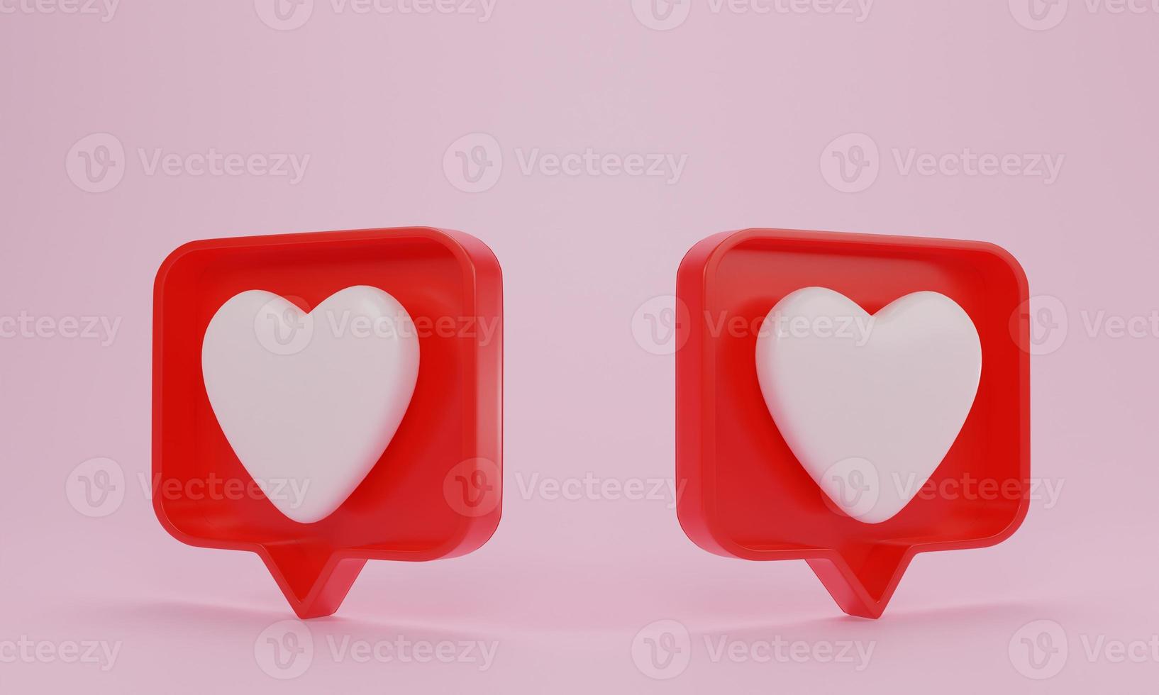 Social media notification, love icon on pink background. Heart on red speech bubble pin, 3D rendering. photo