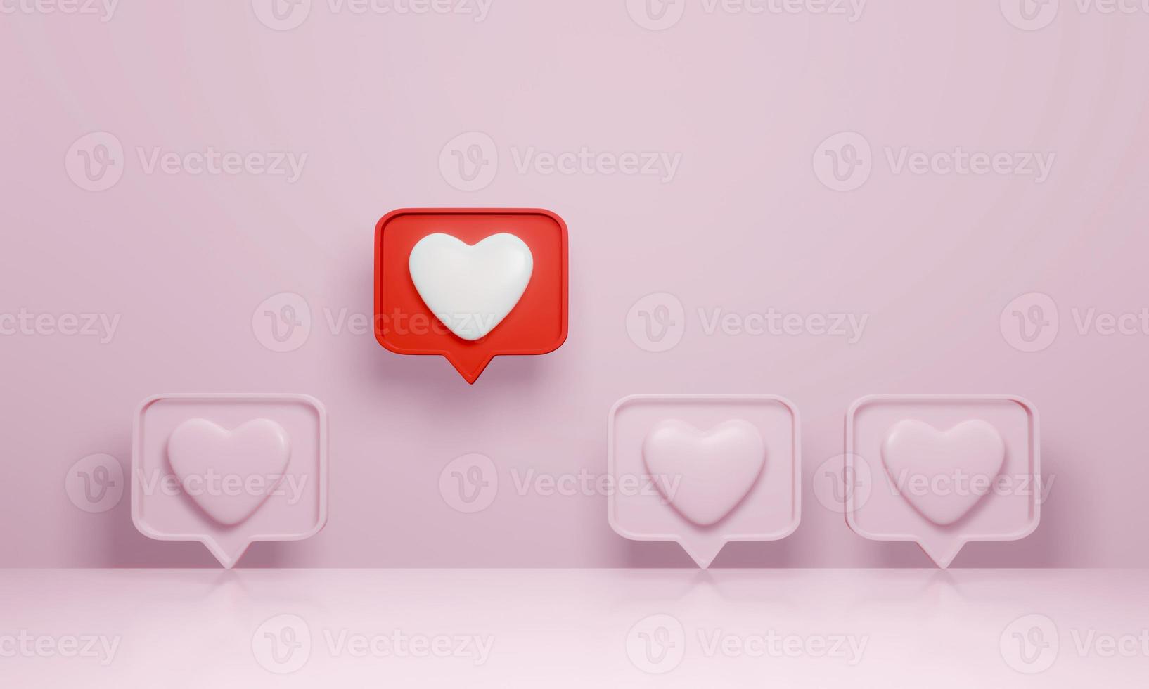 Representación 3d, notificación de medios sociales como icono de corazón en el pin de burbuja de voz roja se destacan entre la multitud sobre fondo rosa. concepto de liderazgo, independencia, disidencia, pensar diferente. foto