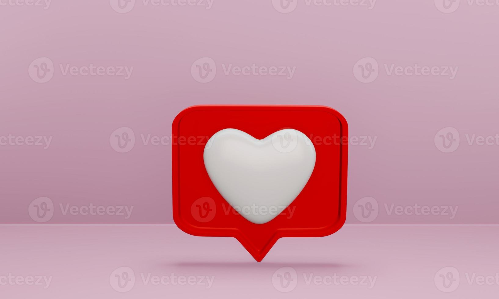 Social media notification, love icon on pink background. Heart on red speech bubble pin, 3D rendering. photo