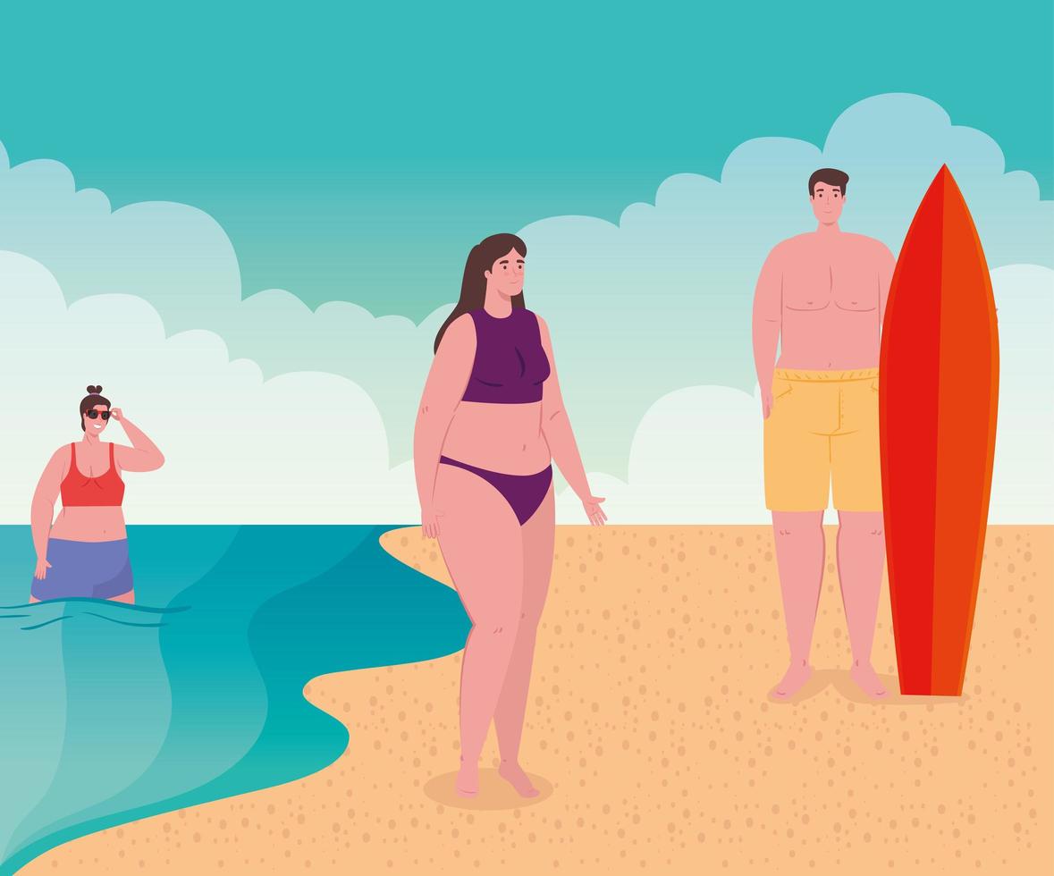 gente en la playa, jóvenes felices en vacaciones, temporada de verano vector