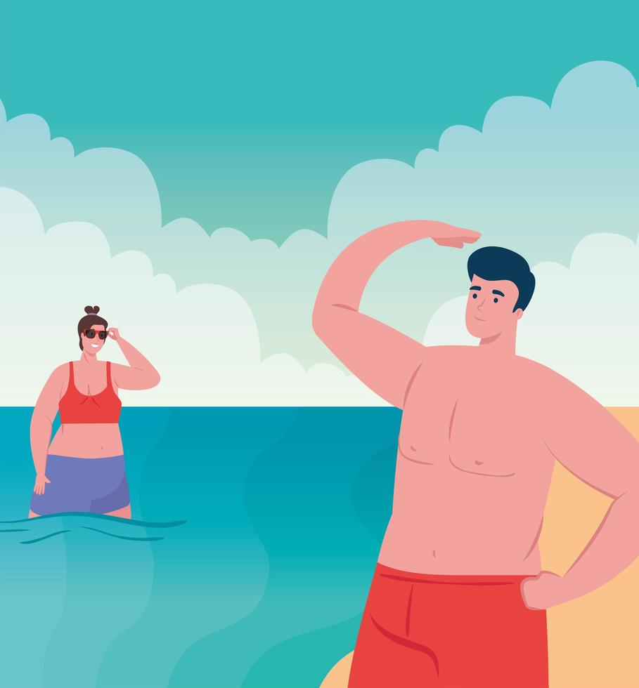 couple on the beach using swimsuit, woman and man in summer vacation vector