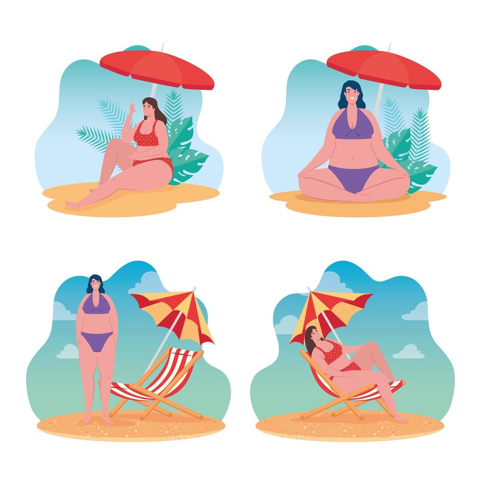 establecer escenas de verano, lindas mujeres regordetas usando traje de baño, mujeres en la playa, temporada de vacaciones de verano vector