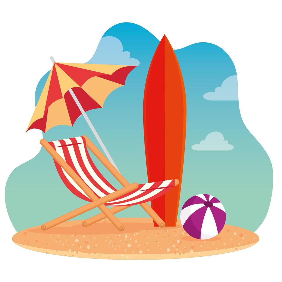 summer scenes, beach chair with umbrella, surfboard and ball plastic, in the beach vector