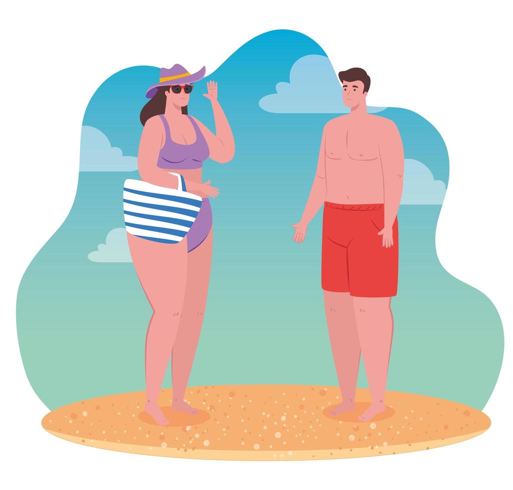 pareja en la playa usando traje de baño, mujer y hombre en vacaciones de verano vector