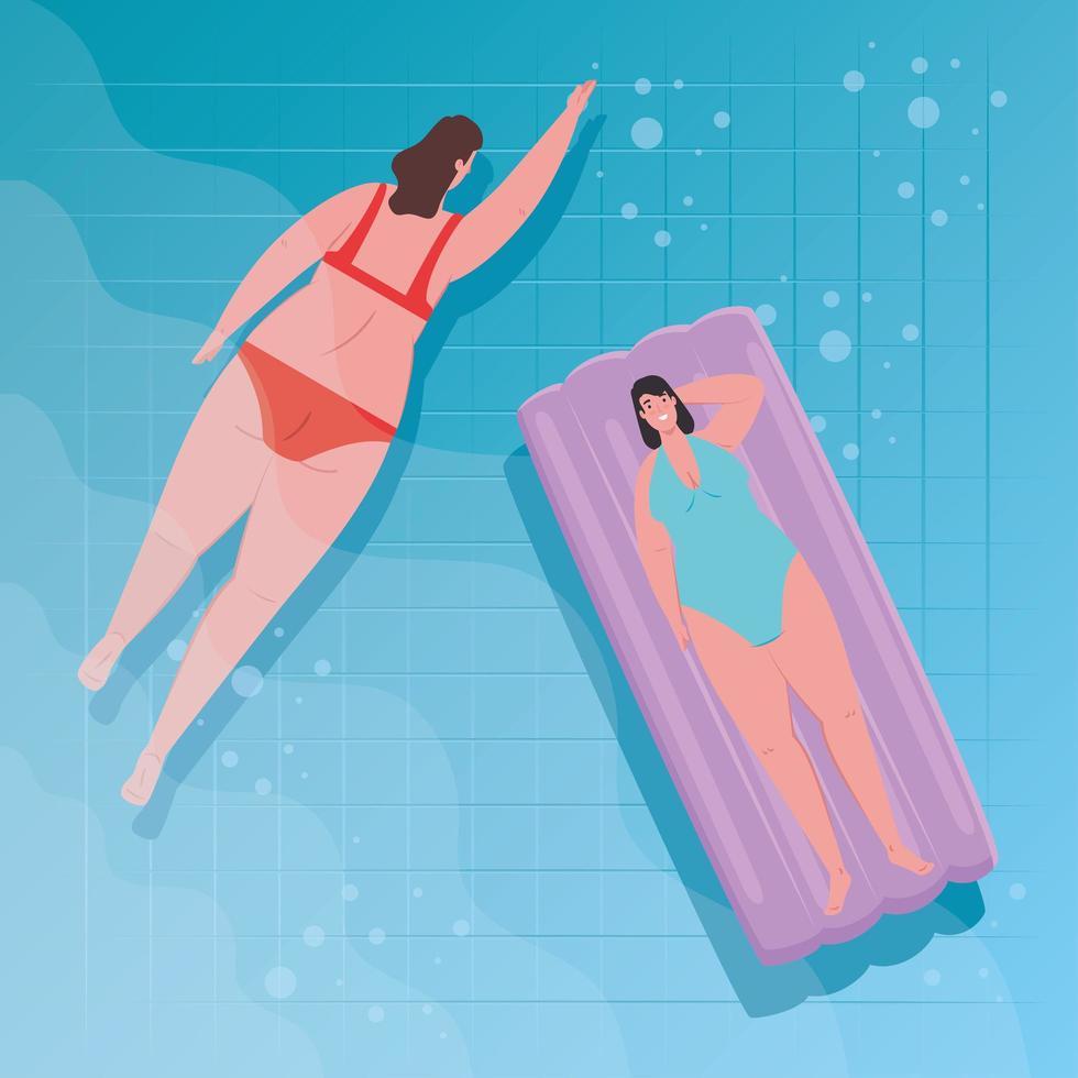 lindas mujeres regordetas acostadas en un flotador inflable en la piscina vector