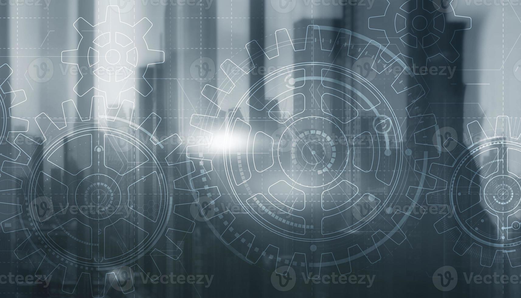 Gears on modern architecture background. Business processes concept photo