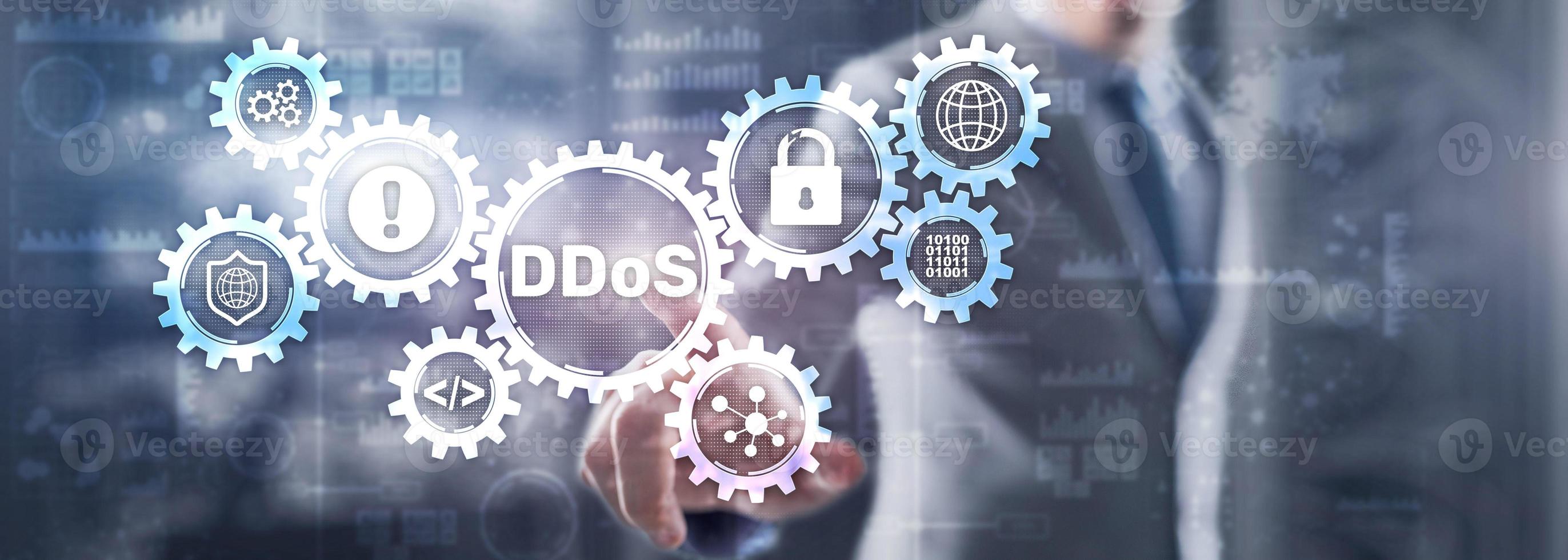Man clicks on virtual screen with text DDoS Cyber Attack photo
